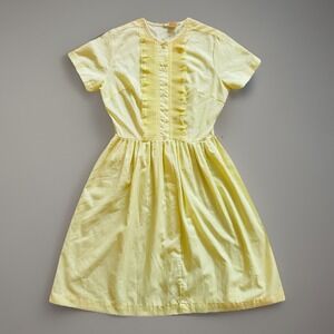 1970s Vintage Yellow Prairie Dress Womens S Ruffle Lace Button Front Cottage